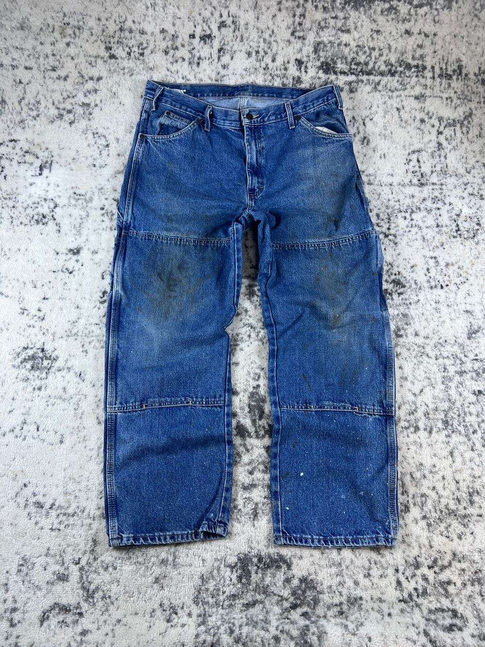 Dickies Jeans Mens 36x30 Blue Double Knee Denim Stained Paint Carpenter Workwear